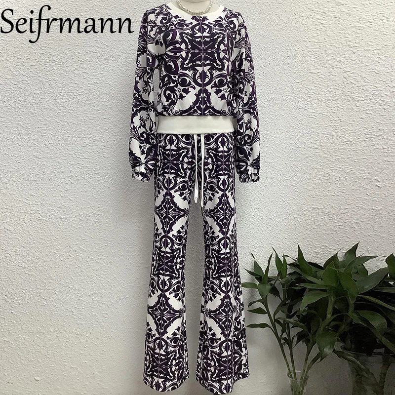 Seifrmann Purple printed round neck long sleeved elastic waisted straight leg pants casual vacation fashionable dress