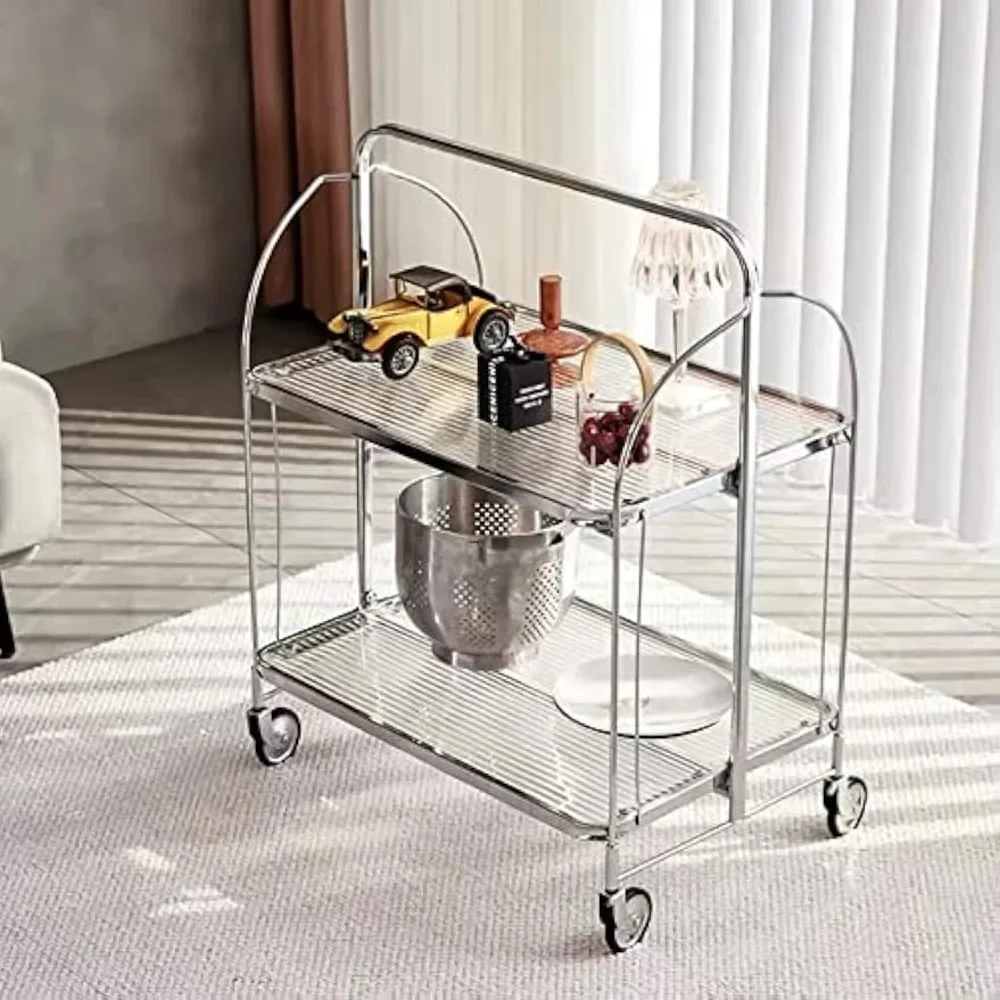 2-Tier Foldable Storage Serving Cart, Restaurant Rolling Serving Cart W/ Wheels for Bar Restaurant Dining Room Living Room