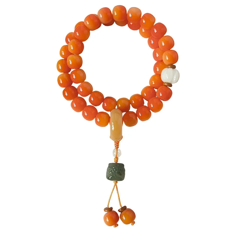 Natural Bodhi Bracelet Warm Orange Double Loop Prayer Beads Handheld Wrist Jewelry for Men and Women Gifts