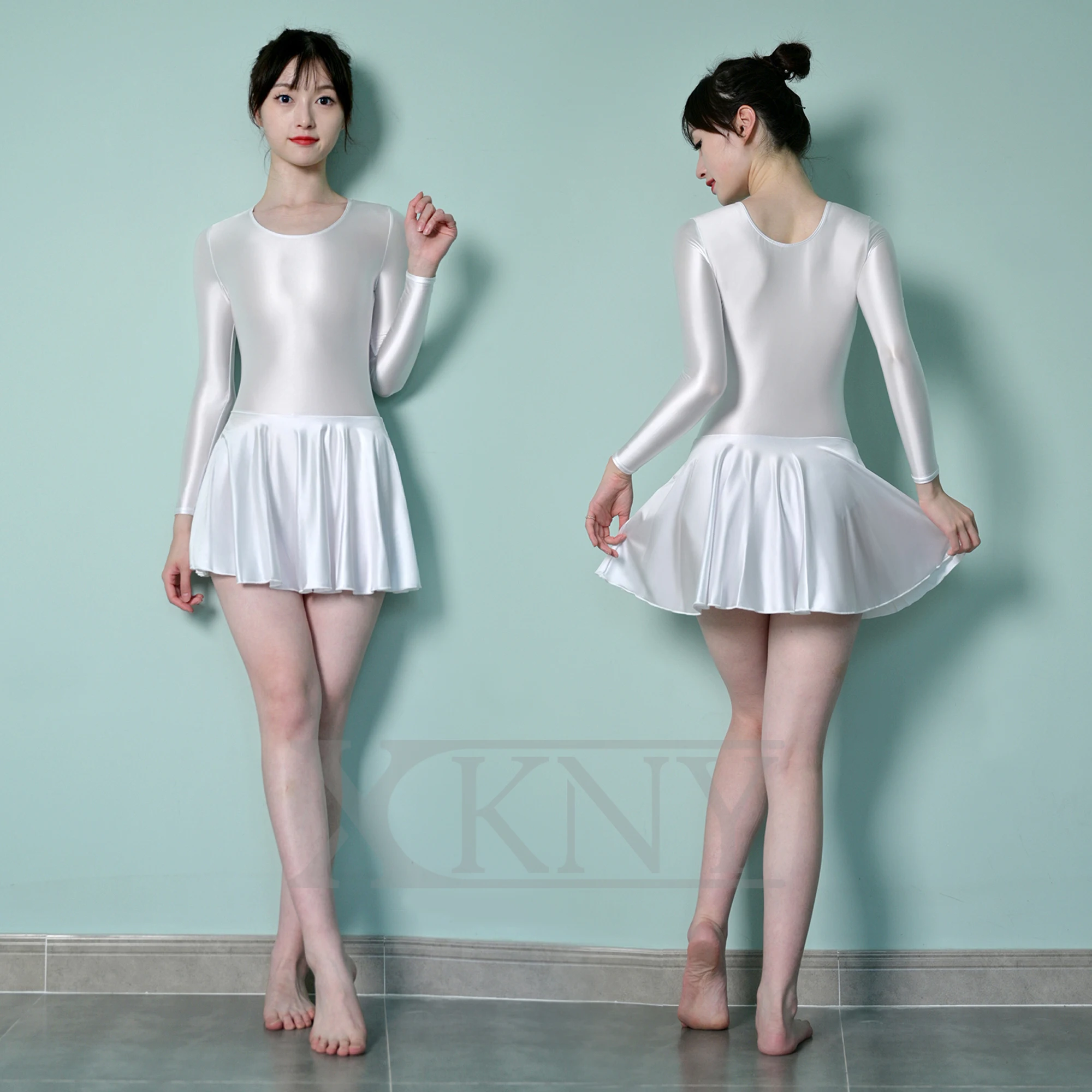 XCKNY Satin Smooth Glossy ชุดผิวมันแขนยาวเป้ากีฬาโยคะบัลเล่ต์ชุดกระโปรงแขนยาว Party กระโปรง Leotard