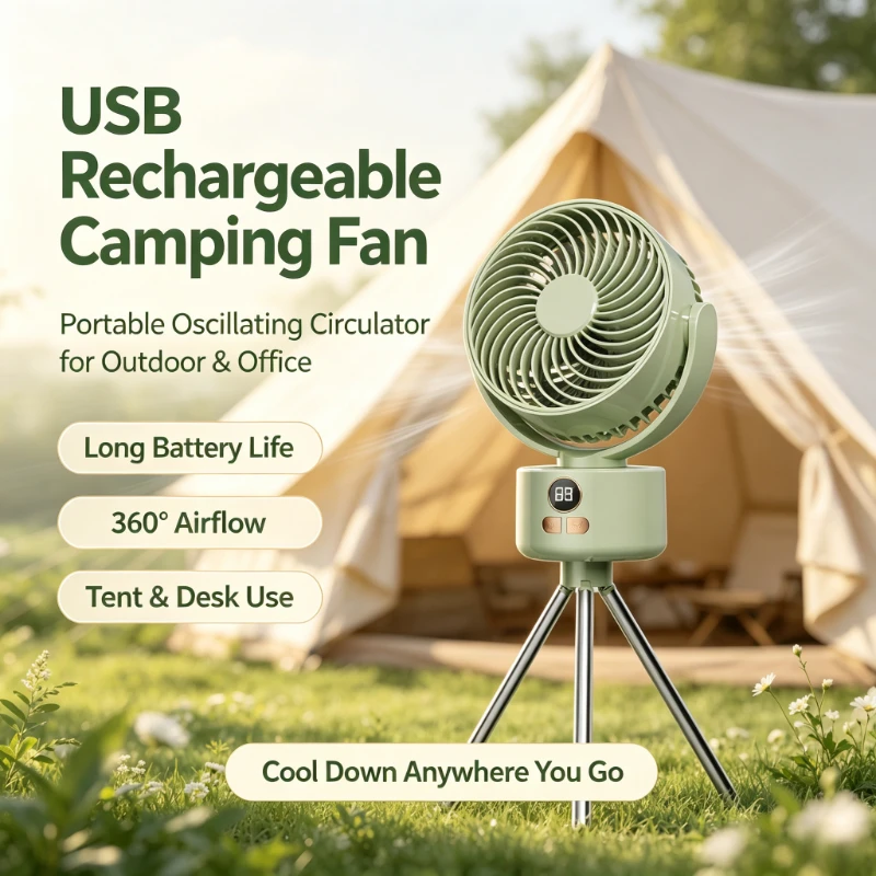usb充電式キャンプファン、首振り機能付き小型卓上扇風機、屋外オフィス、テントでの使用に最適、長時間バッテリー持続