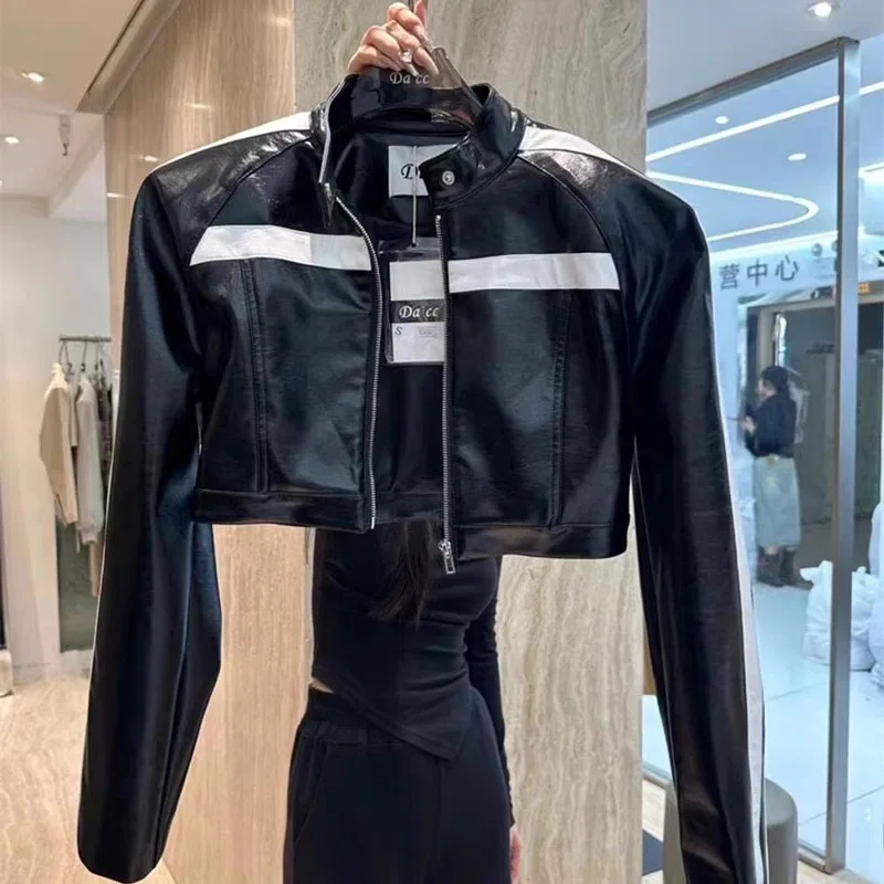 New 2026 Short Motorcycle Coat Spring Autumn Women's Fashion Coat Tops Retro striped stitching PU Leather Jacket  Outerwear