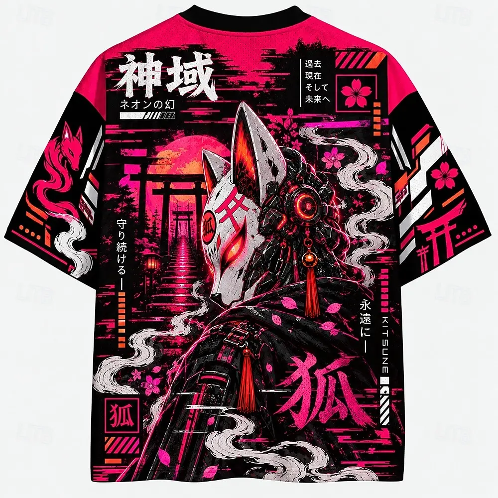 Neon Fox Spirit V-Neck Mesh Tee for Men Women Futuristic Anime All Over Print Top Japanese Style Casual Party Holiday Clothing