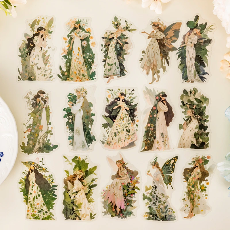 Journal GO 30pcs The Girl in The Garden Aesthetics Character PET Collage Sticker Creative Flower Girl DIY Journal Stationery