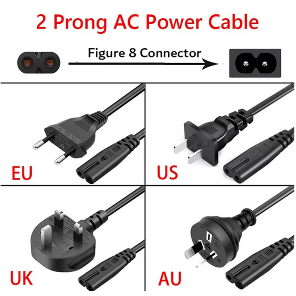 1.5m AC Power Cable EU US AU UK To Type 8 Connector Wire 2 Prong Figure 8 Plug AC Electrical Line For Printer Lamps LCD Display