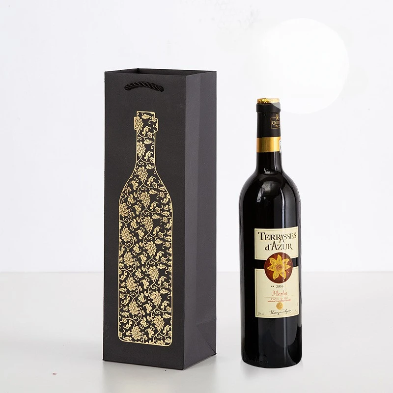 10pcs Black Hot Stamping High-end Wine Bag Single Double Bottle Hand-held Wine Paper Pouch Thick Printed Red Wine Gift Box Bags