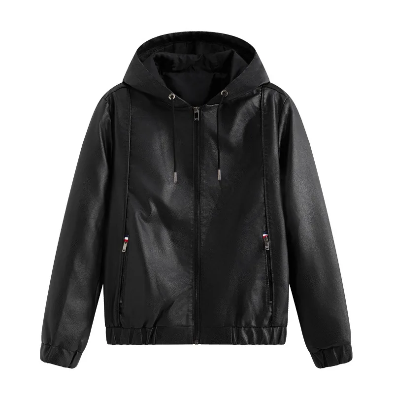 

2025 Autumn Men Jacket Motorcycle Punk Solid Long Sleeve Zipper Male Leather Coat High Street Windproof Man Hooded Outerwear