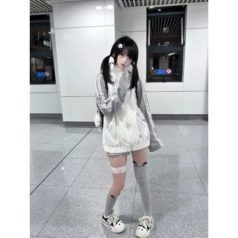 Japanese Yami Kawaii Subculture Coat Women's Long Sleeve High Neck Polka Dot Cat Paw Embroidery Coat Cute Jirai Kei Y2K Jacket - view 4