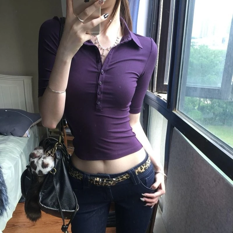 

HOUZHOU Japanese Sexy Purple T-Shirts Women Vintage Y2k Spicy Girl Crop Tops Harajuku Polo Collar Slim Up Short Sleeve T-Shirts