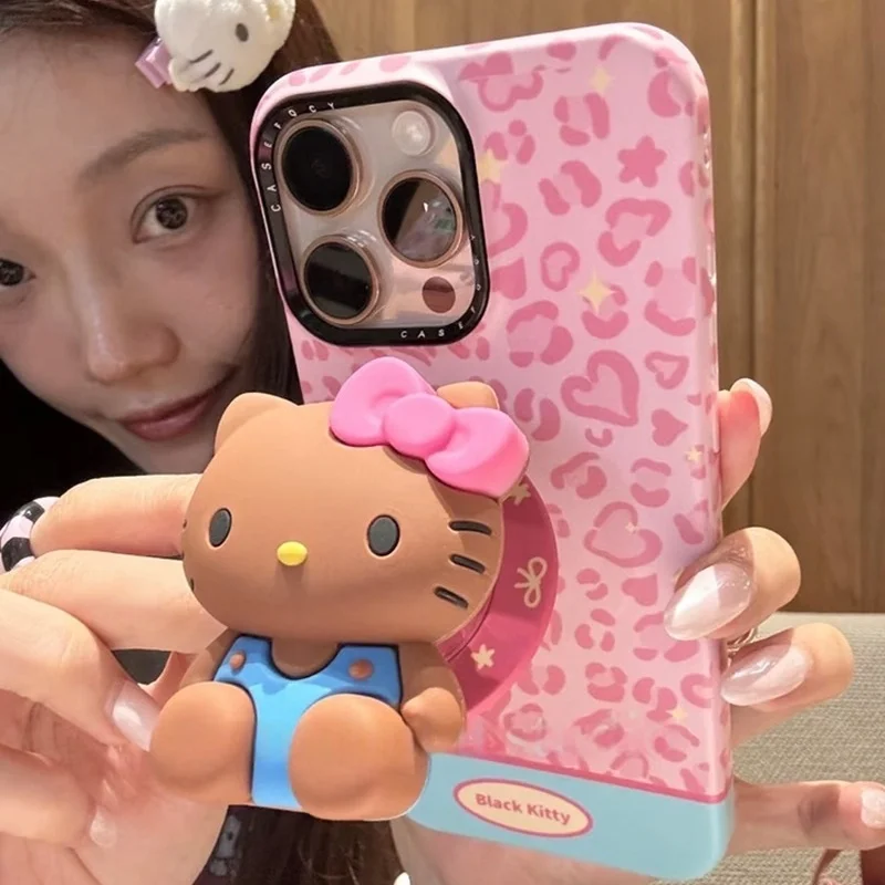 

In Stock Hello Kitty Pink Leopard Print Glitter Magnetic Holder Phone Case For Iphone16 15 14 13 Pro Max Cover Christmas Present