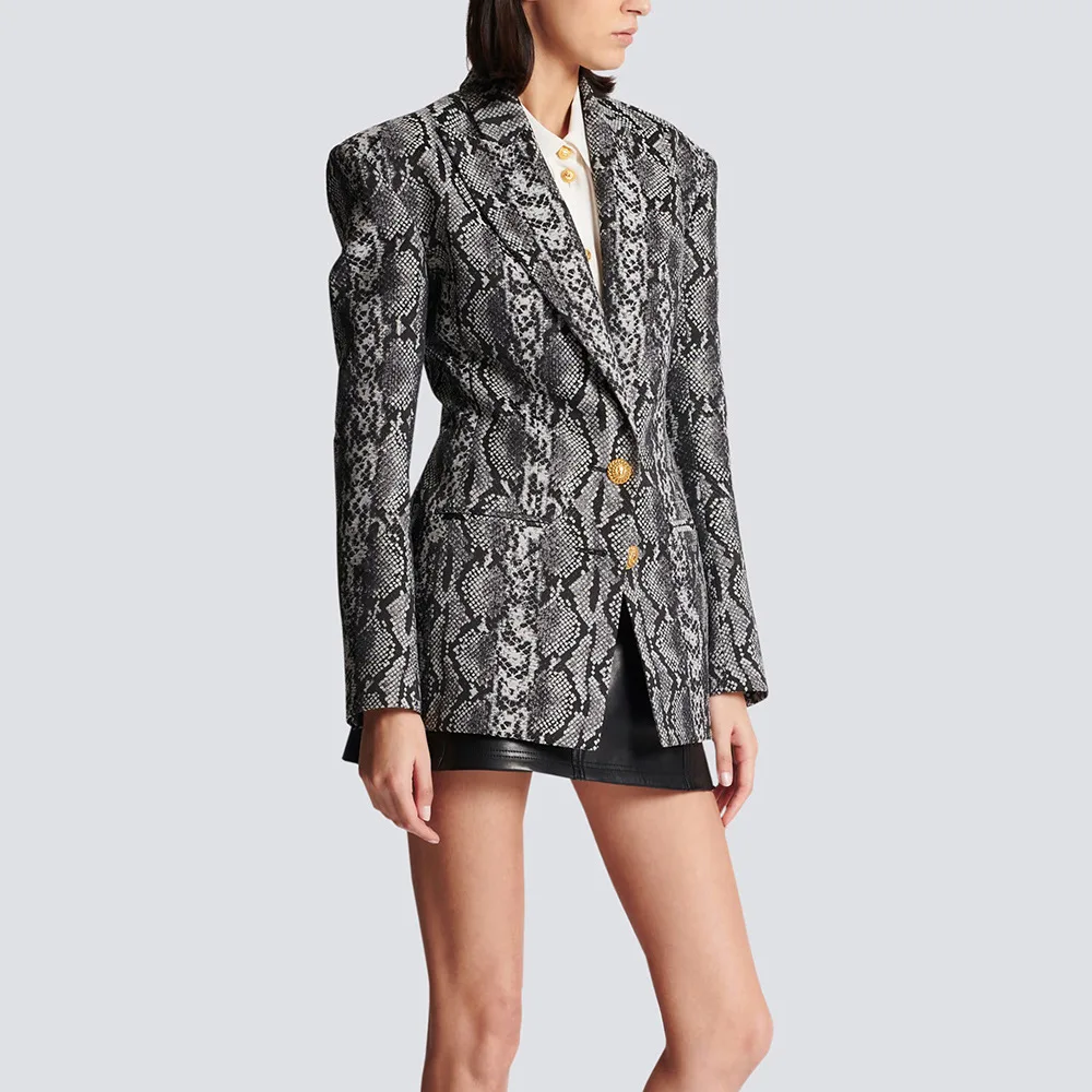 Stijlvolle Jacquard Leren Patroon Lange Blazer