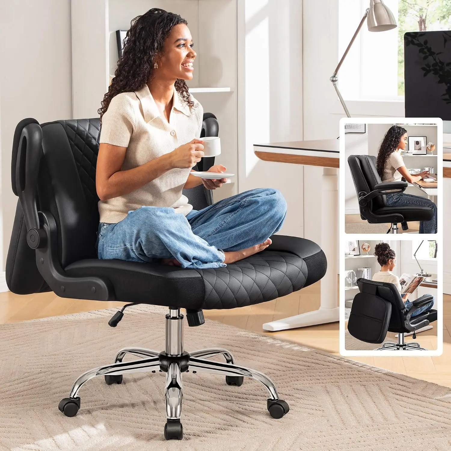 Criss Cross Chair Flip Backrest PU Leather Floor Sitting Adjustable Height 360° Swivel Flip-Up Arms Wide Seat Home  Customized