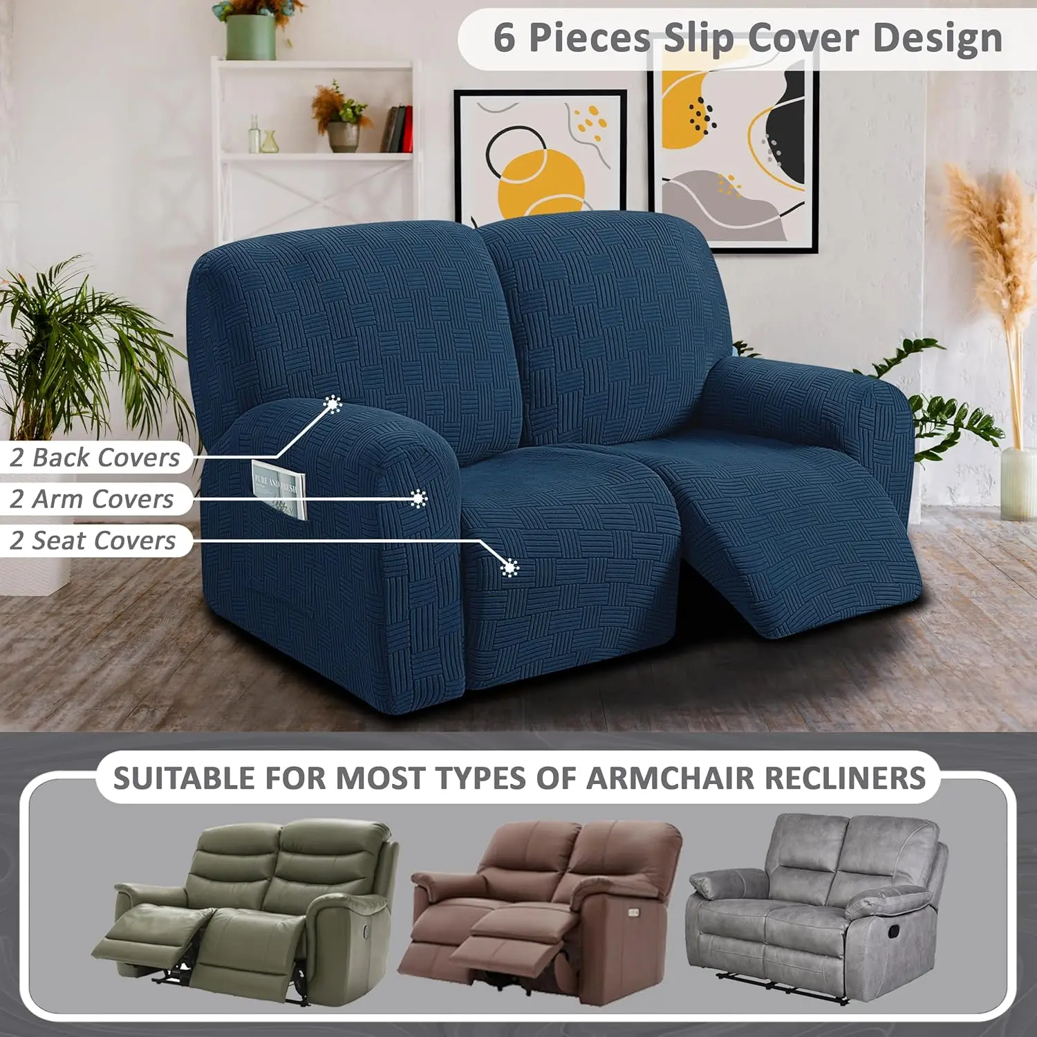 Jacquard Recliner Sofa Cover 2-Seater Stretch Thick Soft Washable Recliner Couch Cover Slipcover 6-Pieces