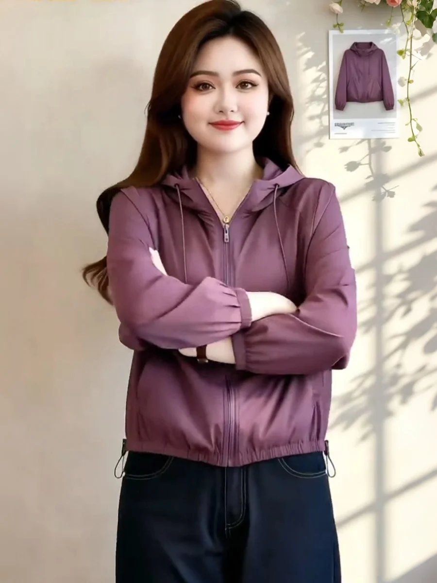 Lightweight Hooded Jacket Summer Loose Slimming Purple Casual Ins Sun Protection Top Breathable Long Sleeve Zipper Closure