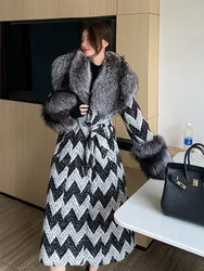 2023 Winter Women Wool Blends Long Coat Cuffs Thick Warm Jacket Real Sliver Fox Fur Collar Tweed Plaid New Luxury Female Coat