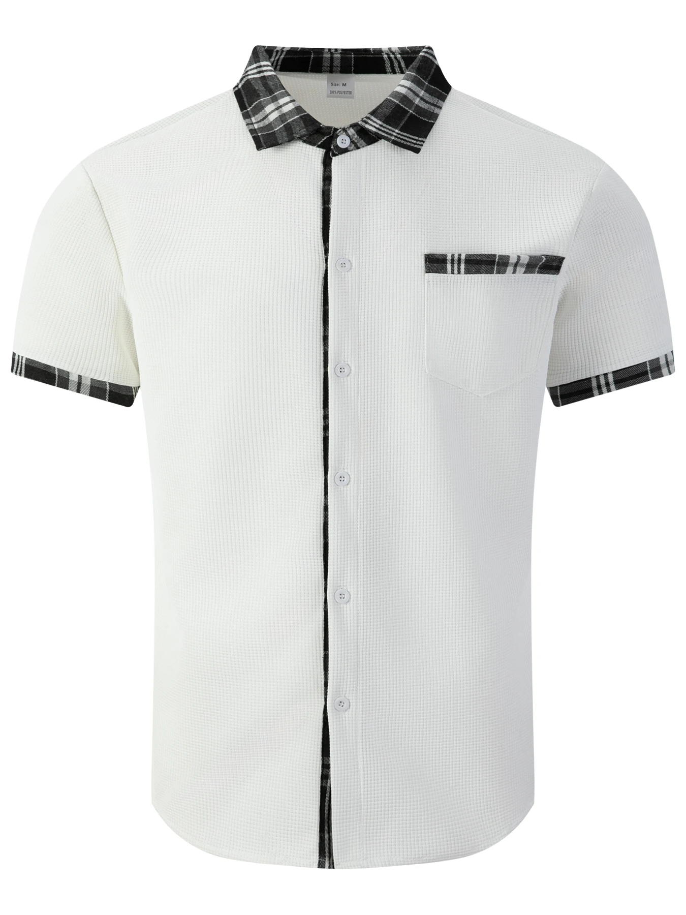Men Waffle Knit Button Shirt, Plaid Trim Collar Cuffs, Chest Pocket, Light Breath Summer Casual Shirt For Beach Daily Wear