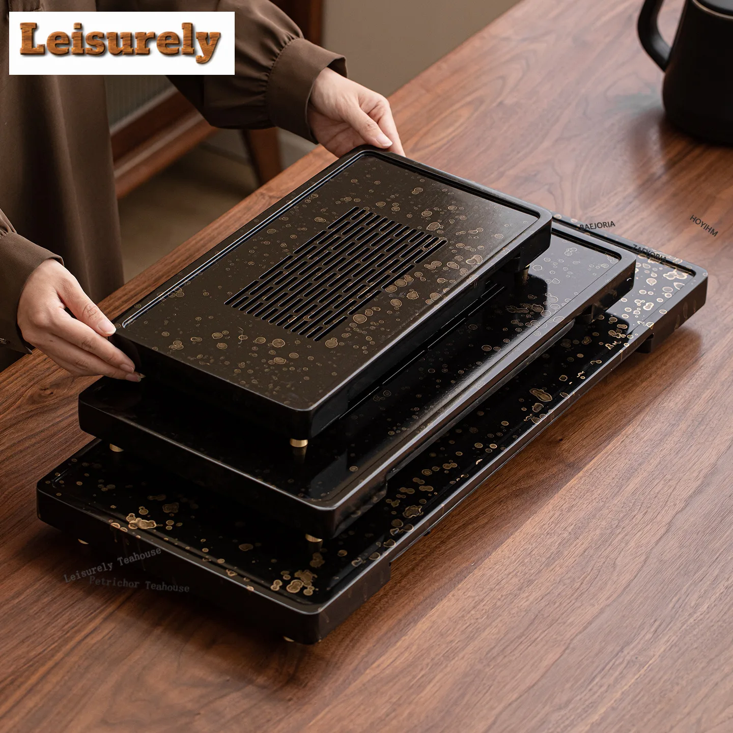 HOYIHM Heavy Bamboo Lacquered Tea Tray Luxury Snack Plate Coffee Storage Board Teapot Trivets Dishes For Serving Tea Ceremony