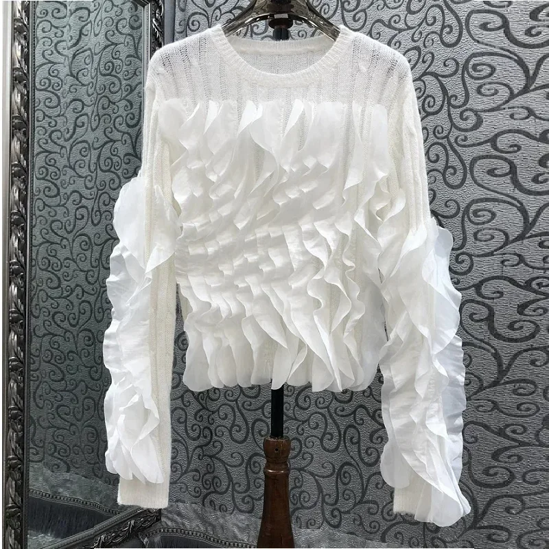 High Quality New Sweaters 2024 Autumn Winter Jumpers Ladies Ruffle Flower Knitted Long Sleeve Wine Red White Black Soft Jumper