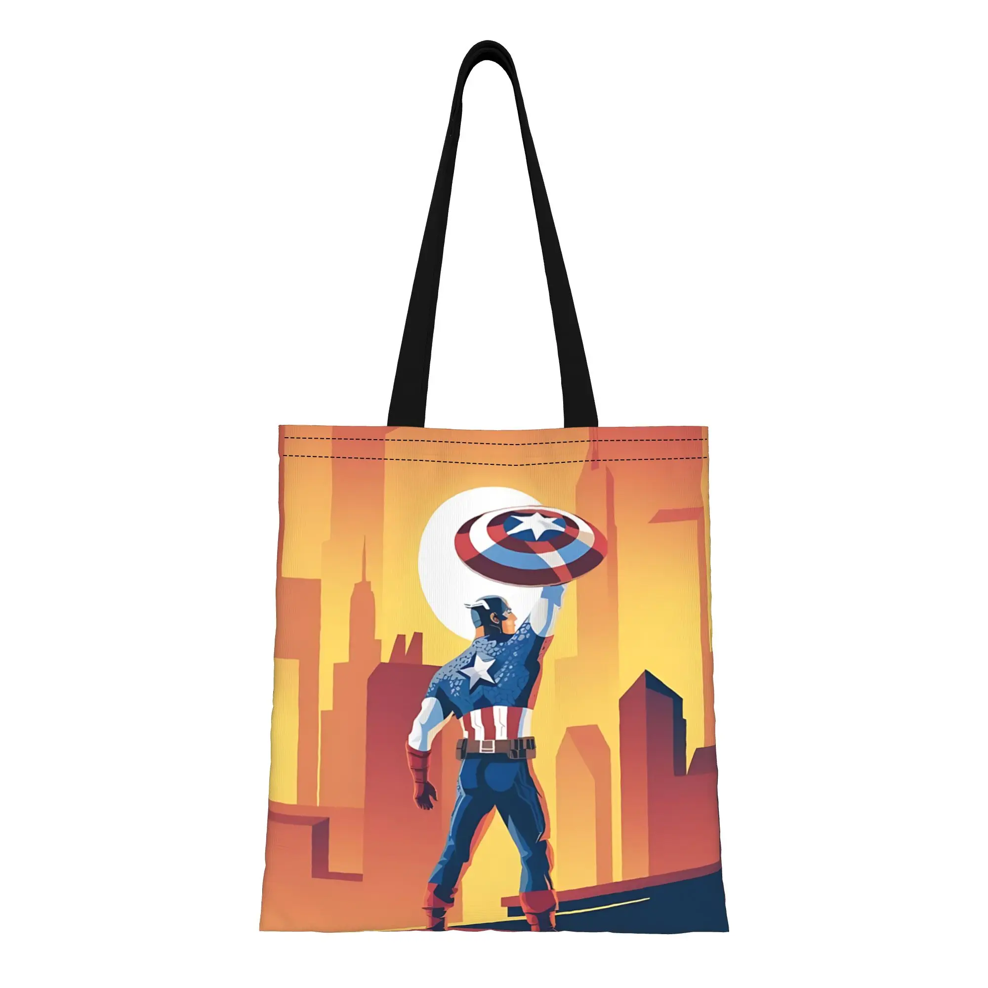 

1 шт. Большая вместительная холщовая сумка-тоут с принтом «Закат в городе» и «Капитан Америка», складная, с шикарным узором, без застежки