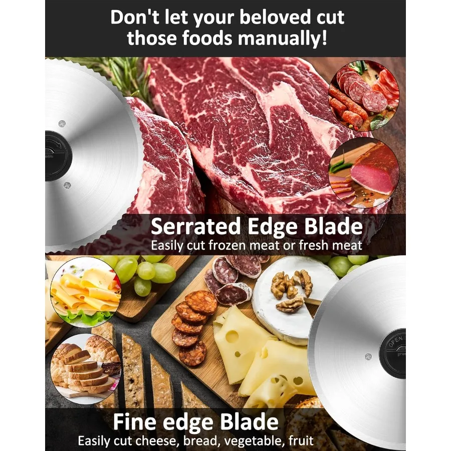 Электрическая нарезка для гастрономов мощностью 200 Вт с 2 съемными лезвиями из нержавеющей стали диаметром 7,5 дюйма и подносом для домашнего использования, регулируемой толщиной