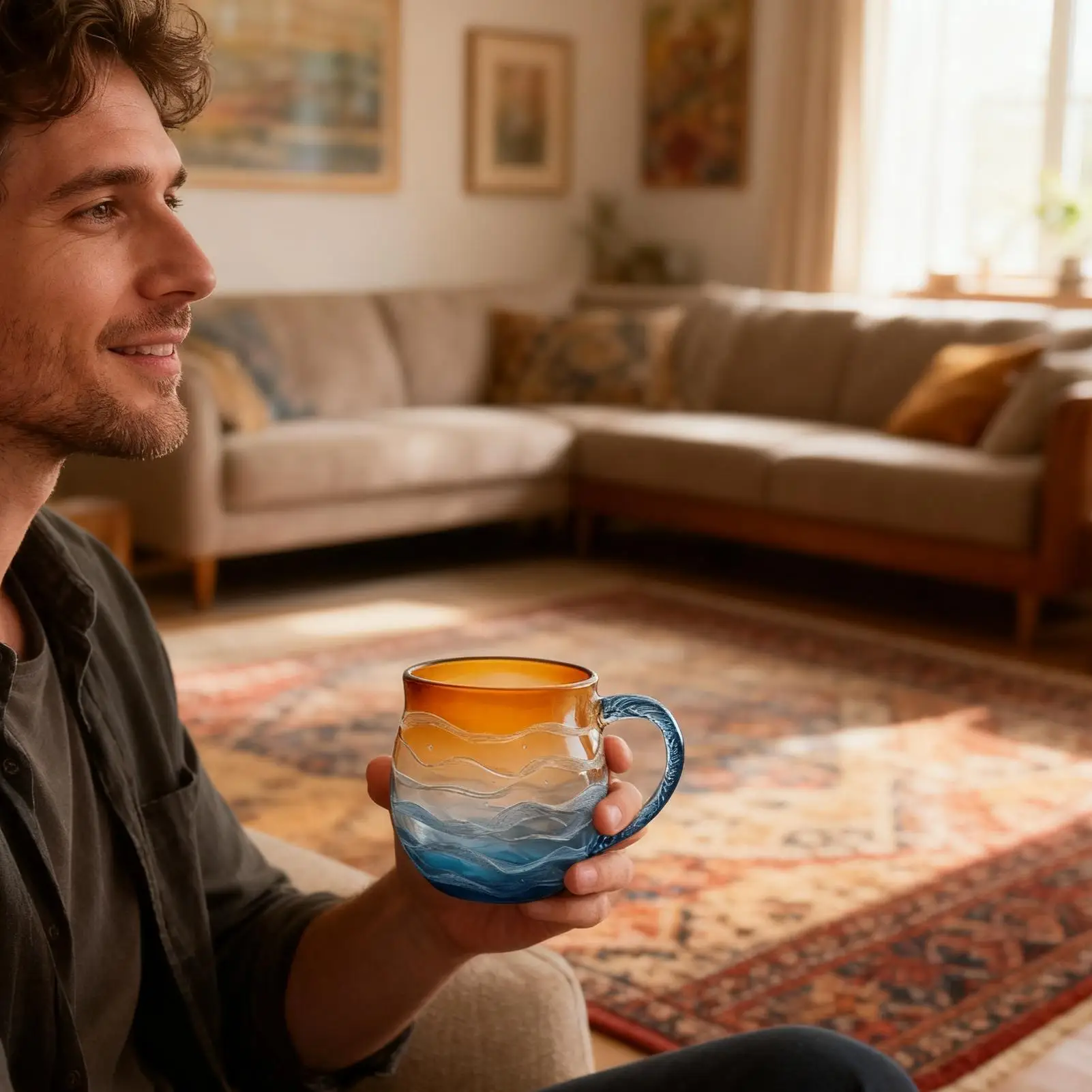 

Coffee Mug Resin Water Bottle with Handle Sunset Sea Design Fun Coffee Mugs for Home Kitchen Office Beach House Women Men Adults