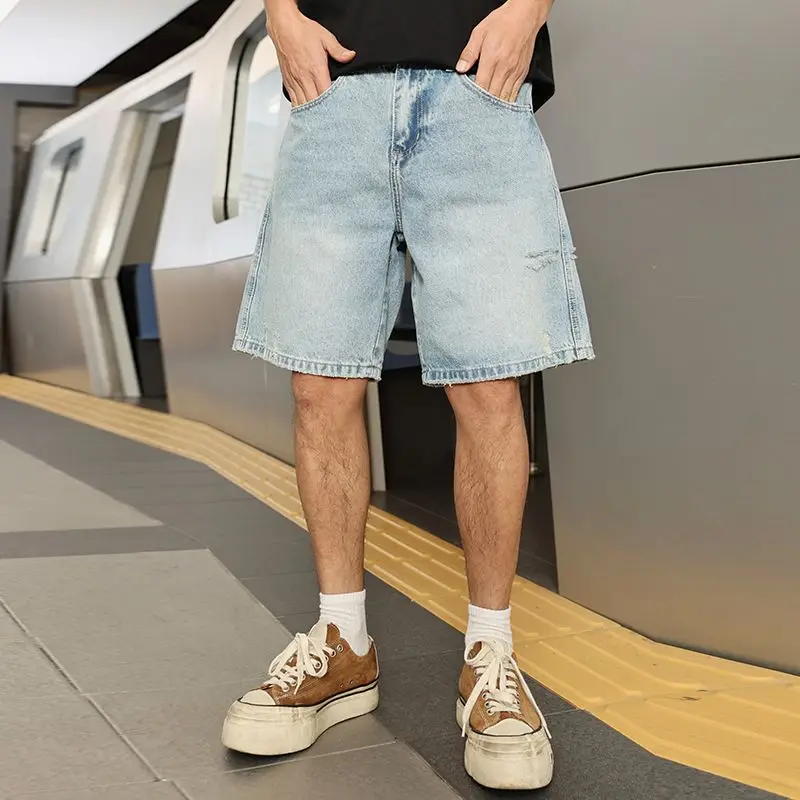 

2025 New Summer Sky Blue Denim Shorts For Men Loosen Fit Ripped Holes Jeans Short Male
