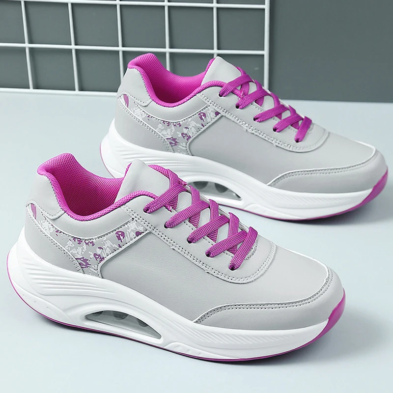 PU Leather Running Sneakers Air-cushion Trainers Women Fashion Casual Sports Shoes Ladies Anti-slip Jogging Shoes WSH5816
