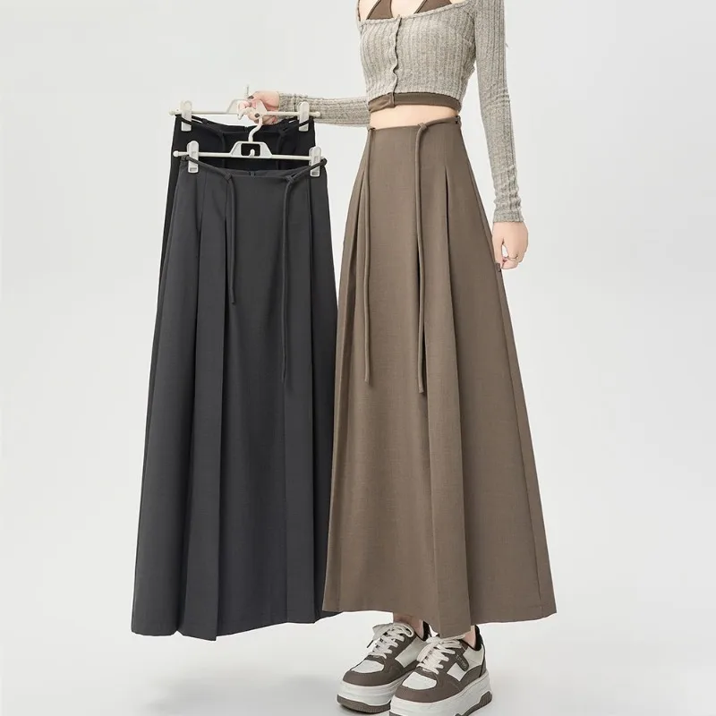 

Элегантные офисные женские длинные юбки-зонтики с высокой талией, однотонные повседневные свободные юбки трапециевидной формы на шнуровке, женская новинка 202, осень