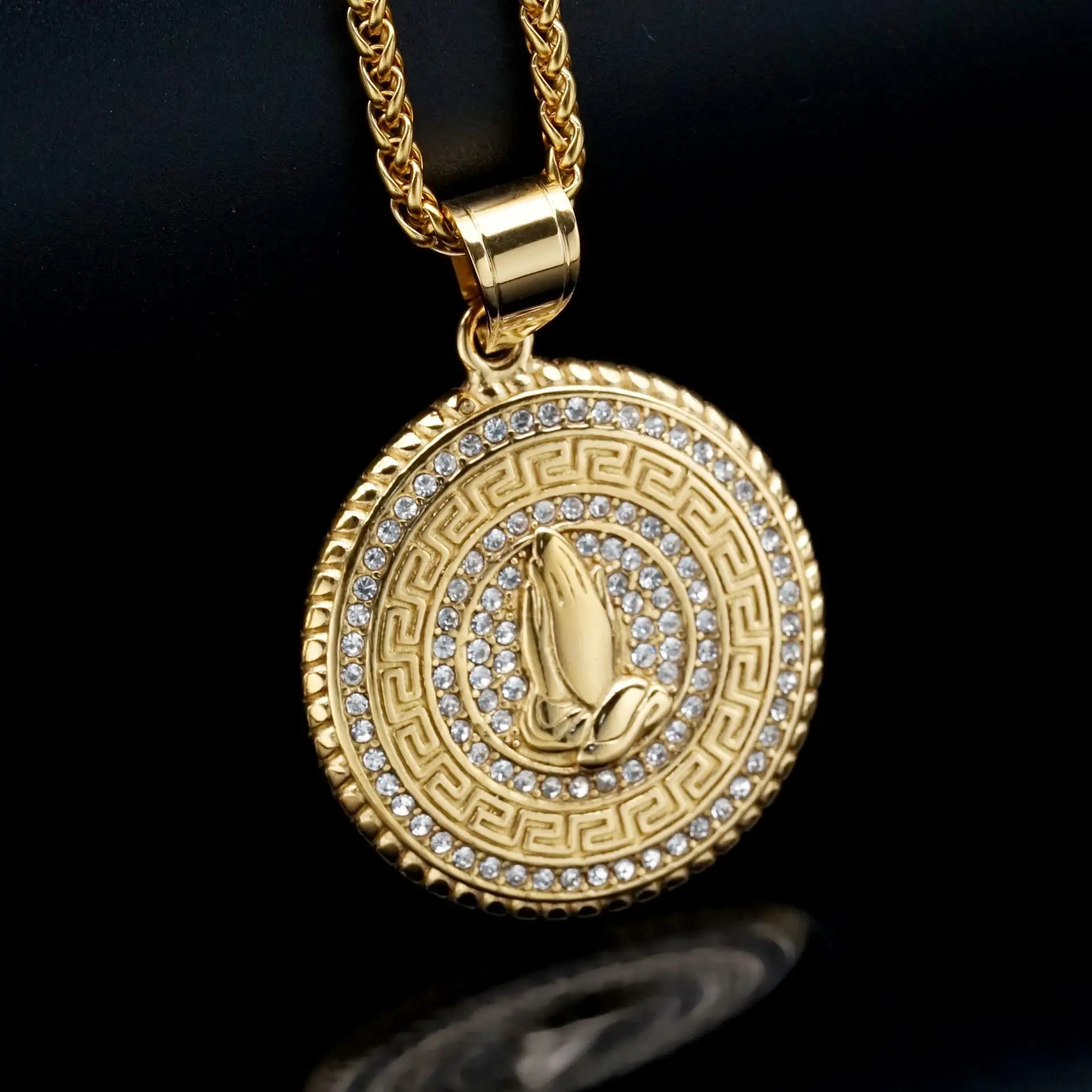 1pc Hip hop Praying Hands Pendant stainless steel For Men Paved rhinestone Gold Colour Necklace jewelry