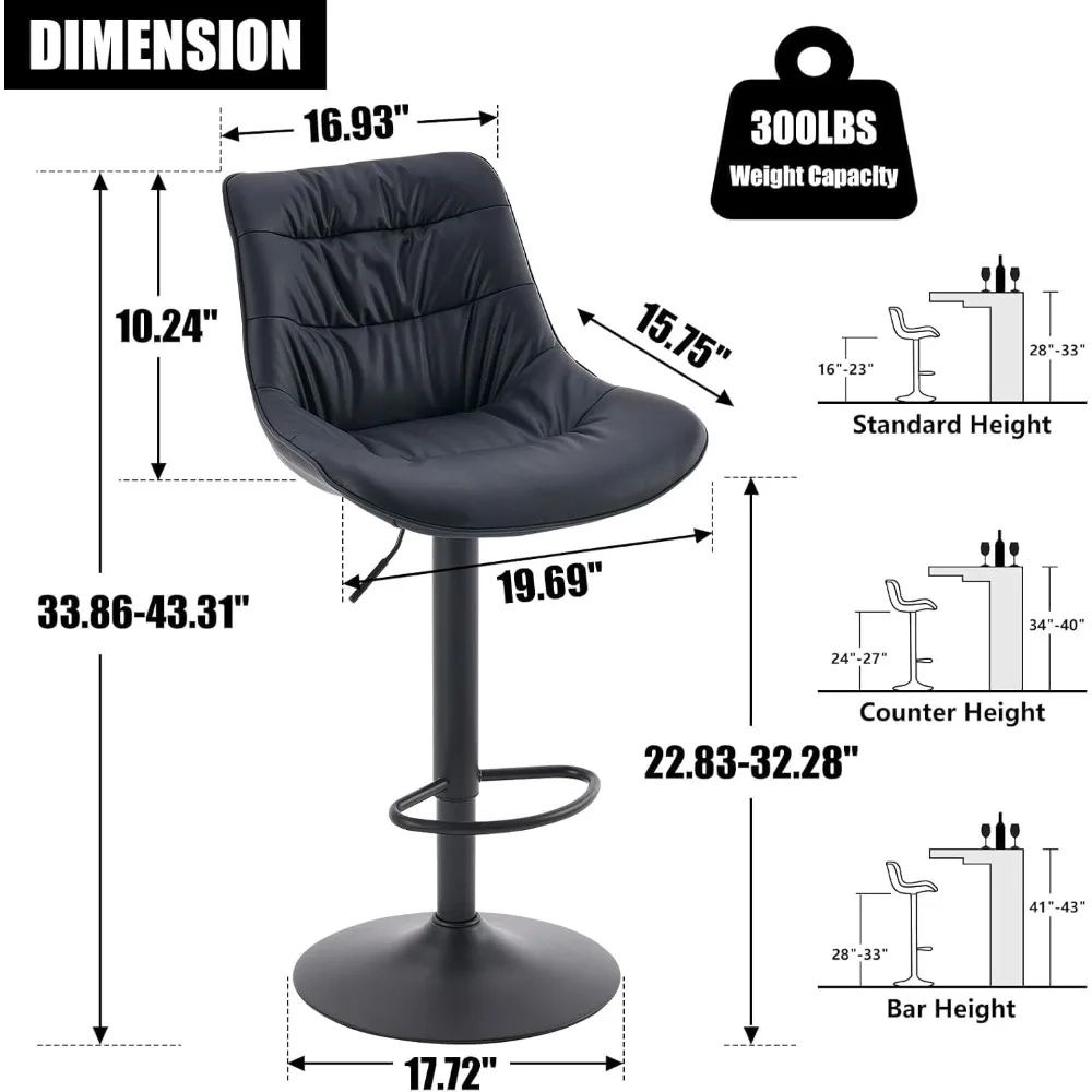 Kidol & Shellder Barhocker, 2er-Set, drehbare, verstellbare Thekenhocker mit Rückenlehne, PU-Leder gepolsterter moderner Barstuhl