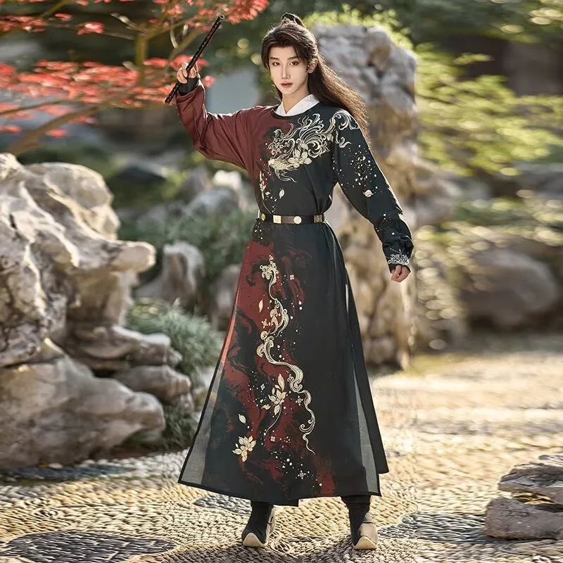 Men Red Black Contrast Dragon Printed Wuxia Hanfu Robe Chinese Ancient Imperial Swordsman Costume For Portrait Shooting Stage