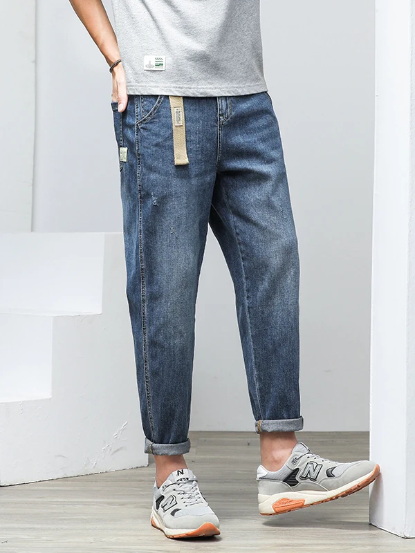 Men's Slim Fit Elastic Denim Jeans Harlan Nine Points Spring Summer Style Versatile Casual mid Waist Zipper Straight Leg