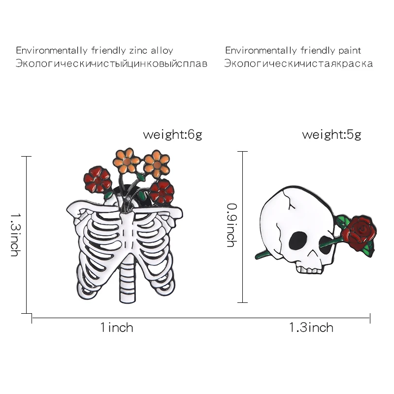 Death Love Enamel Pin Skeleton Rib cage Rose Flower badge brooch Lapel pin Shirt bag Collar Halloween Jewelry Gift for Friends