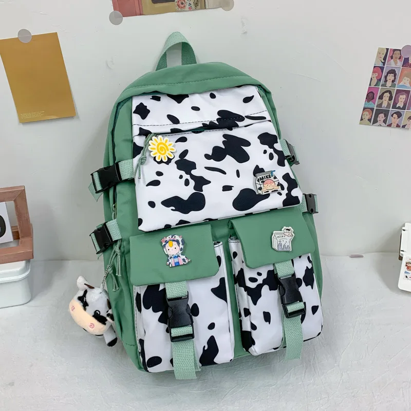 Green Women Backpacks Female Cow Printing Funny Student Knapsack Large Capacity Cute Pendant For College For Ladies Girl