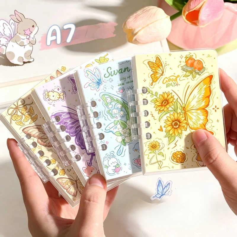 1PC  Mini Loose-leaf A7 Notebook Cute Butterfly Rabbit Pocket Journal Portable Small Binder Notepad