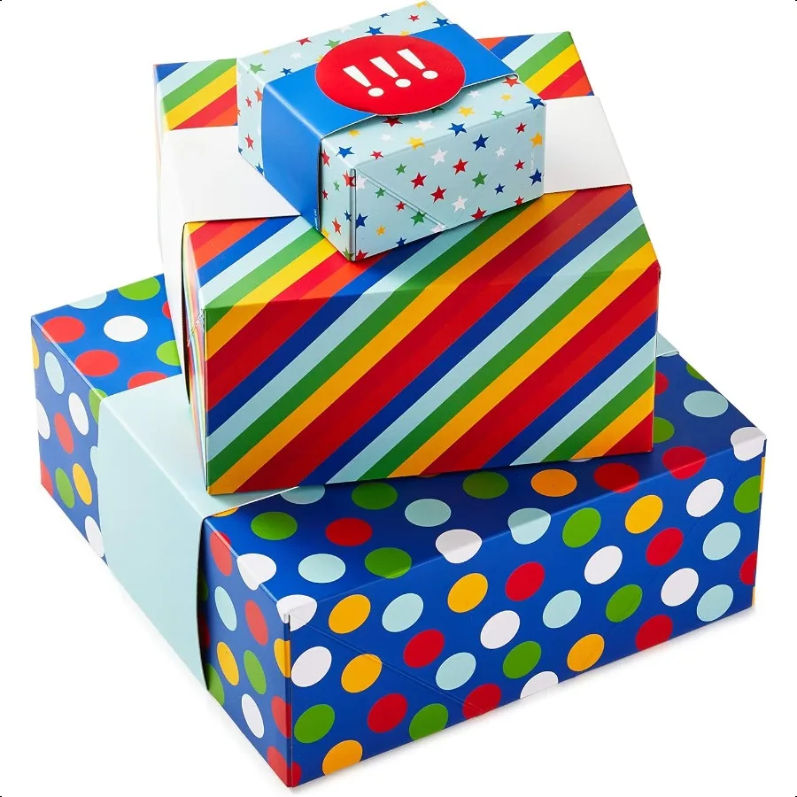 

Gift Boxes 3Pack Assorted Sizes Rainbow Stripes Dots Stars