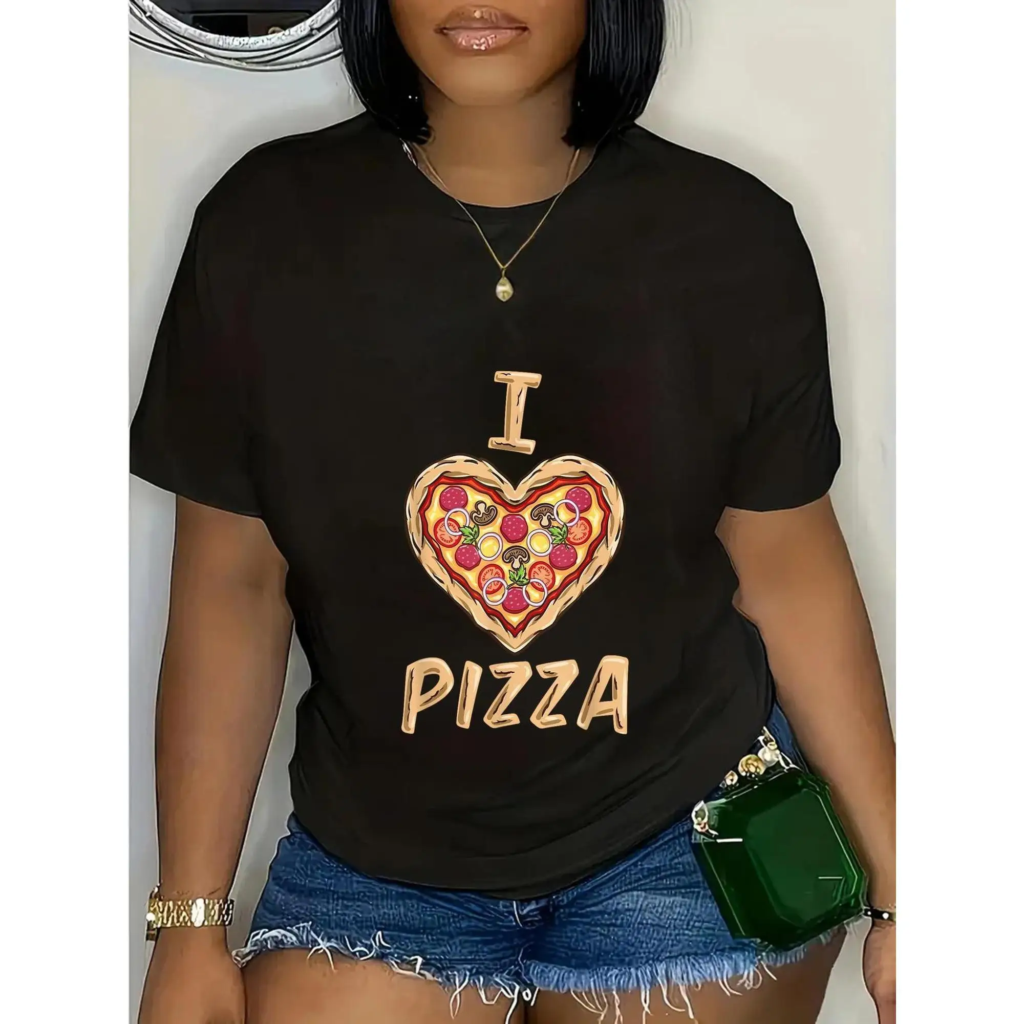 

I Love Pizza T-Shirt for Women, Cute Heart Pizza Graphic Top, Funny Foodie Casual Wear, Summer Party Gift for Pizza Lovers