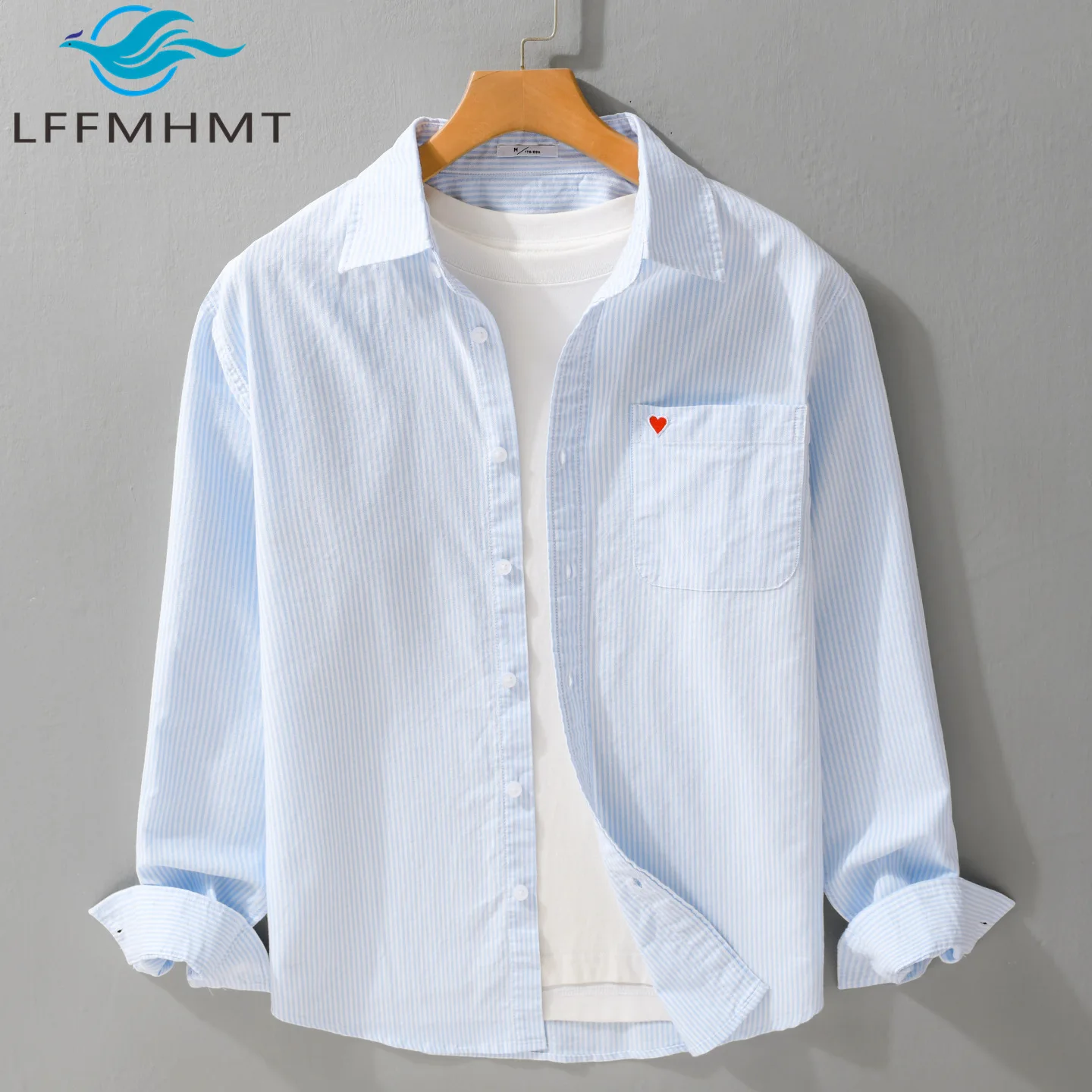 

All Seasons Cotton Oxford Stripe Long Sleeve Shirt Men's Casual Bottom Up Shirt Spring Autumn Heart Embroidered Loose Tops 6225