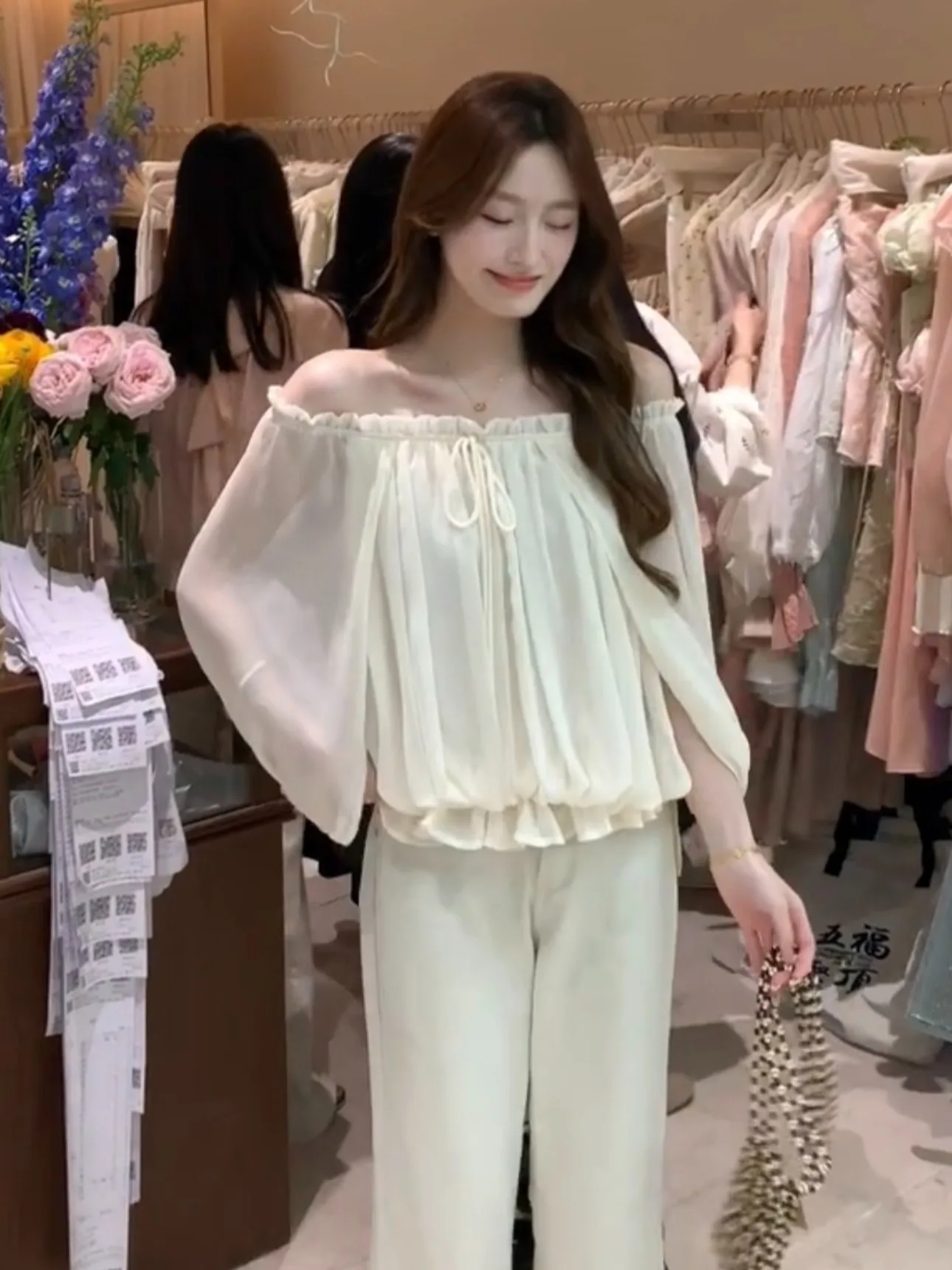 

Ele Off-oulder Chiffon irt Women Summer 2026 Loose Fit oulder Exposure Top French Sle Long Sve Polyester Fiber