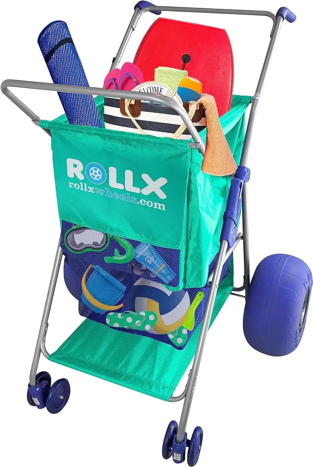 RollX Beach Cart with Big Balloon Wheels for Sand, Foldable Storage Wagon with 13 Inch Beach Tires (Pump Included) (Seafoam)