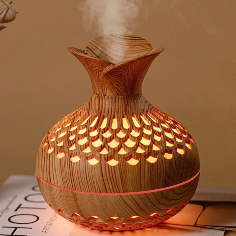 7 Color Lights Flower Humidifier 300ml USB 2 Mist Modes Wood Grain For Home Office