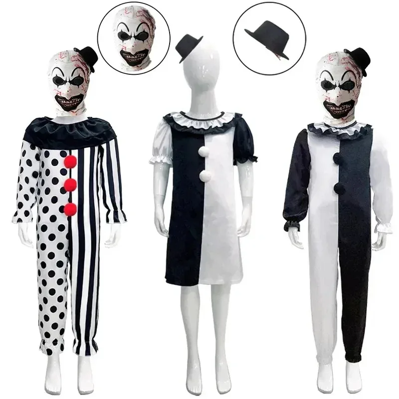

Kids Clown Cosplay Halloween Costume with Mask Hat Terrifier Clown Dress Child Jumpsuit Outfits for Boys Girls Halloween Costume