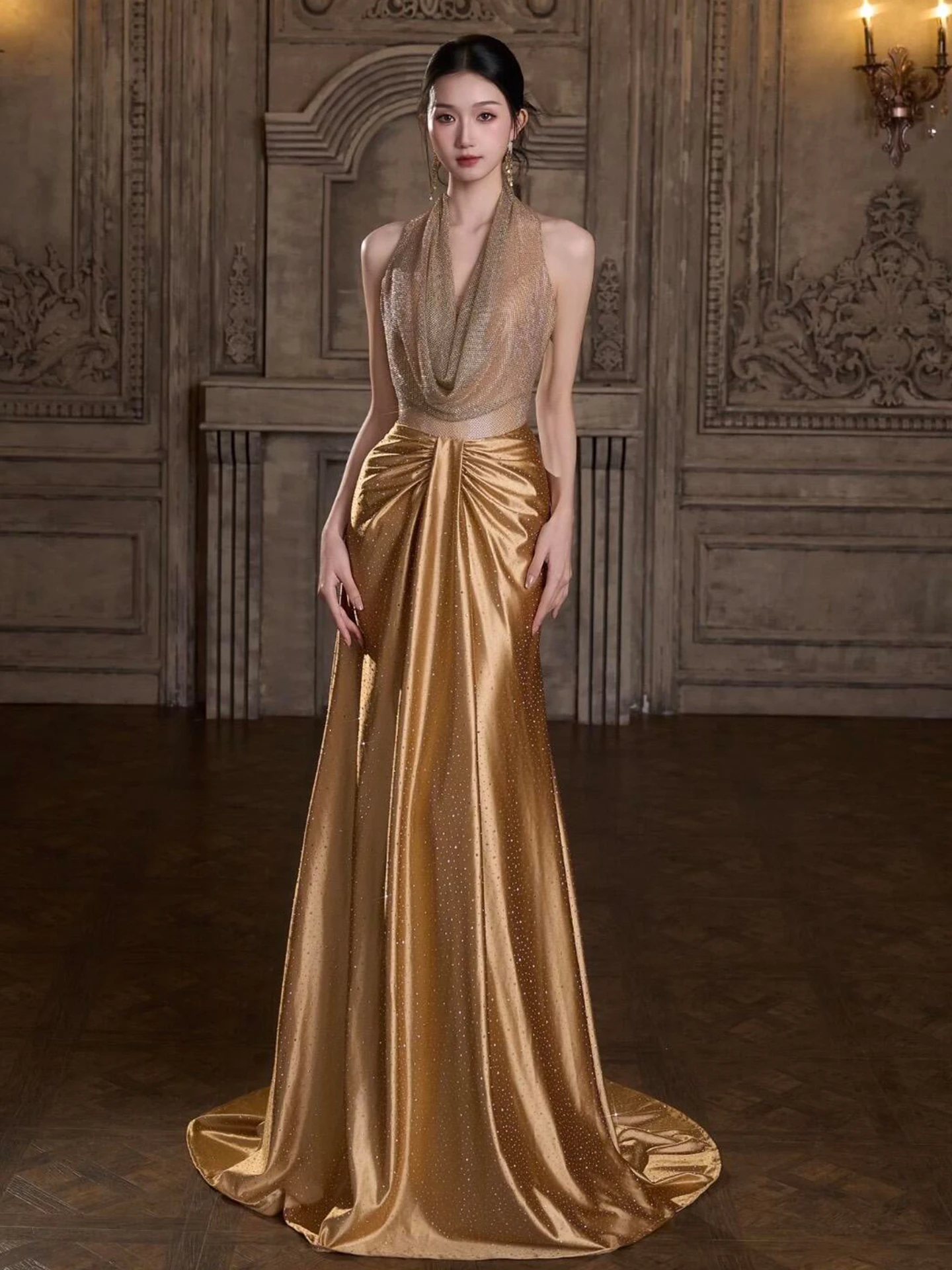 

Золотое вечернее платье для женщин, новинка 2026 года, элитное, для свадебной церемонии, с открытыми плечами, для невесты, для тостов