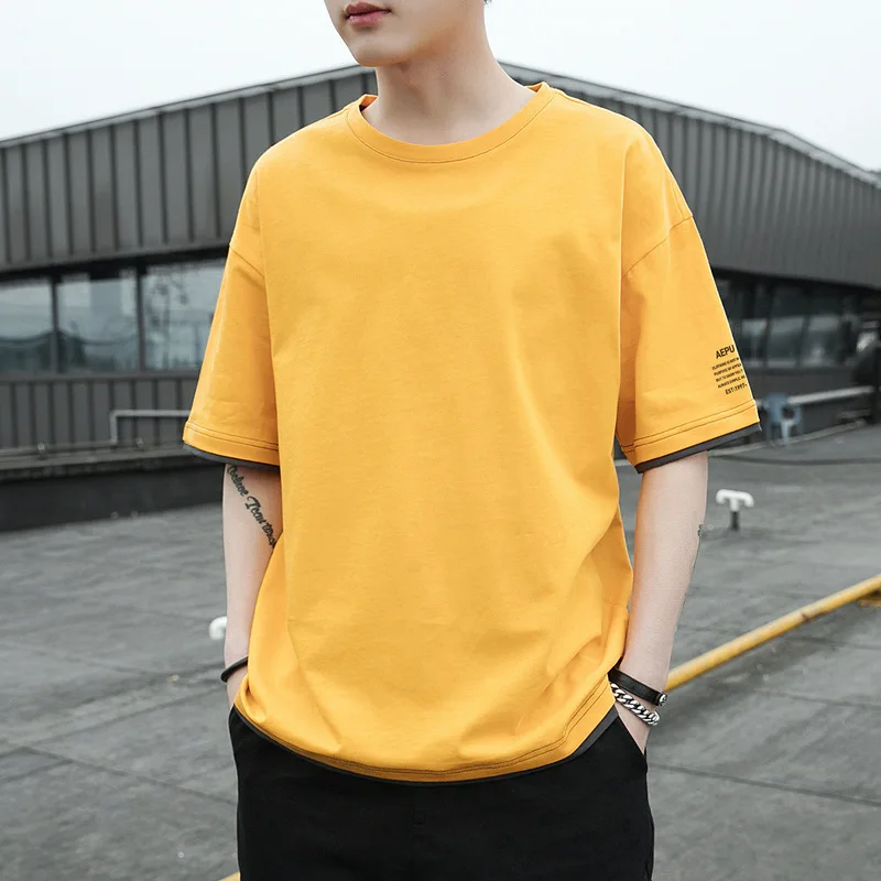 1902 Fake Two Piece Short Sleeve For Men Summer Fashion Handsome Cotton All-Match Streetwear Harajuku Simple Male T-Shirts Tops