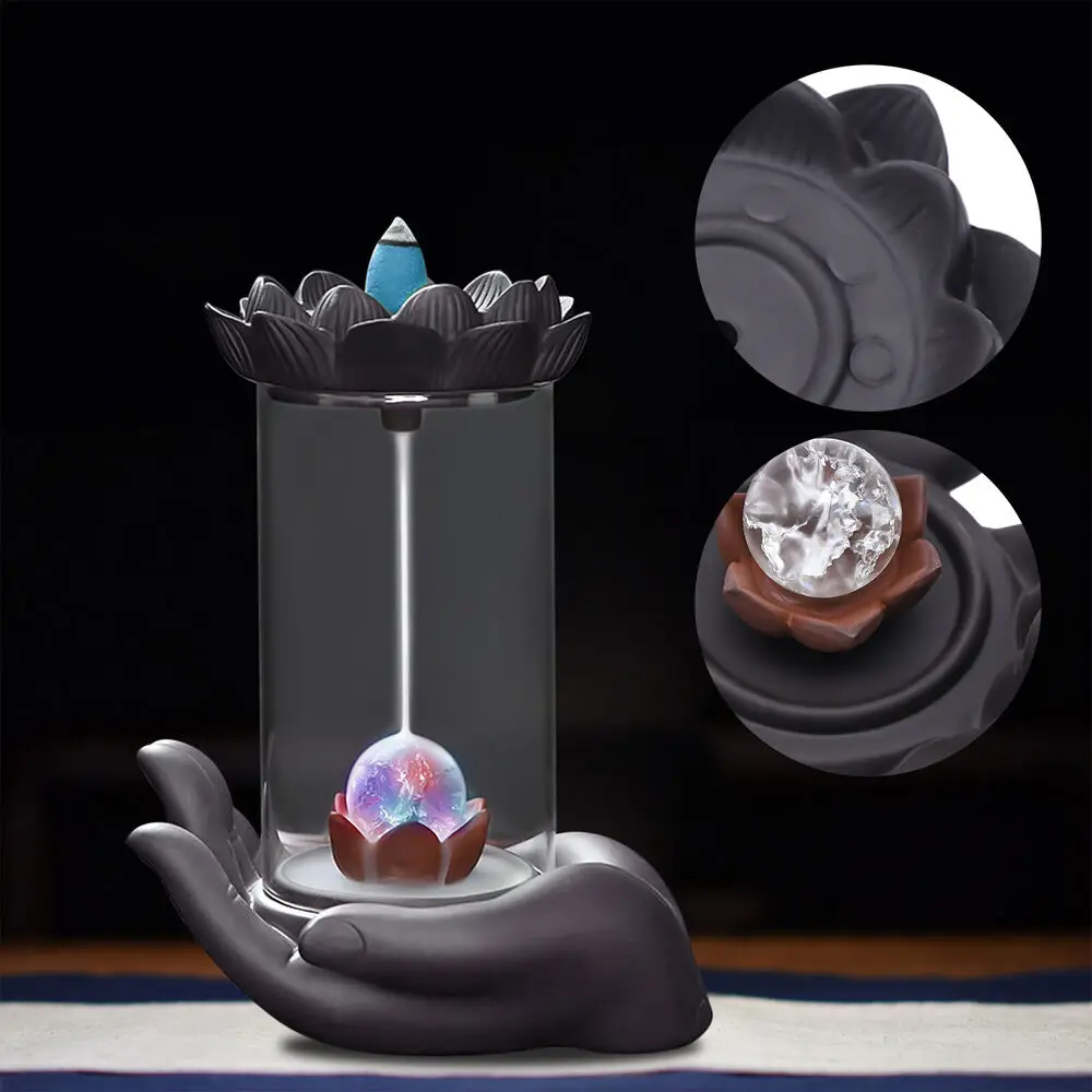 LED Light Waterfall Smoke Effect Backflow Incense Burner Buddha Hand Base living room decoration