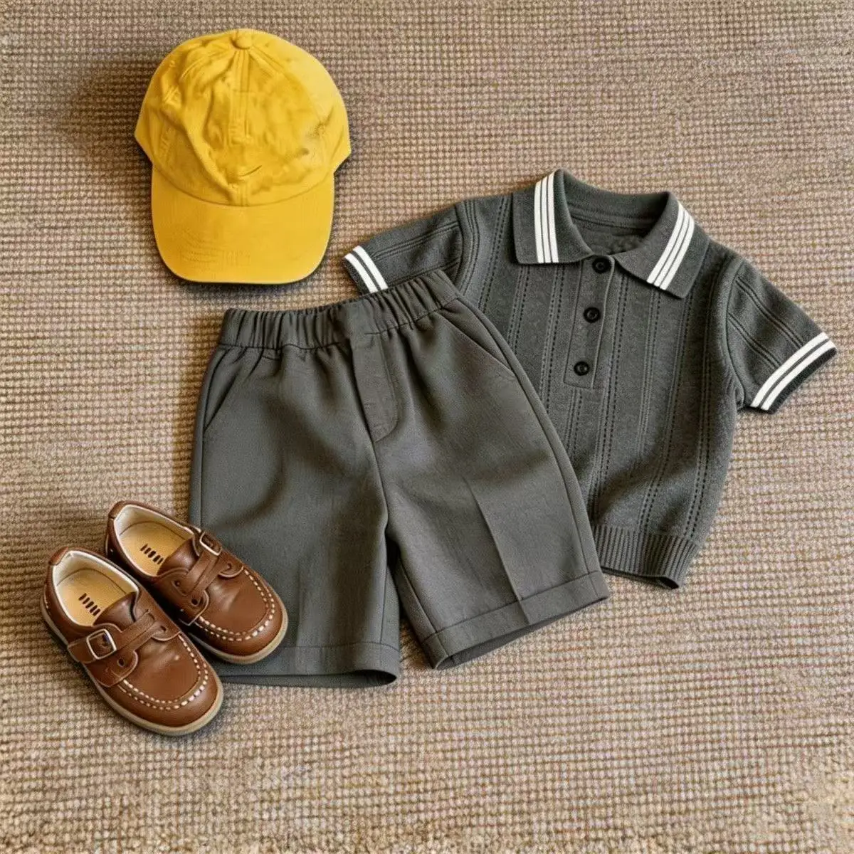 Kids Boys Summer Clothing Set 2026 New Retro Color Block Hollow Knit Short Sleeve T-Shirt + Dress Shorts 2-Piece Suit Handsome