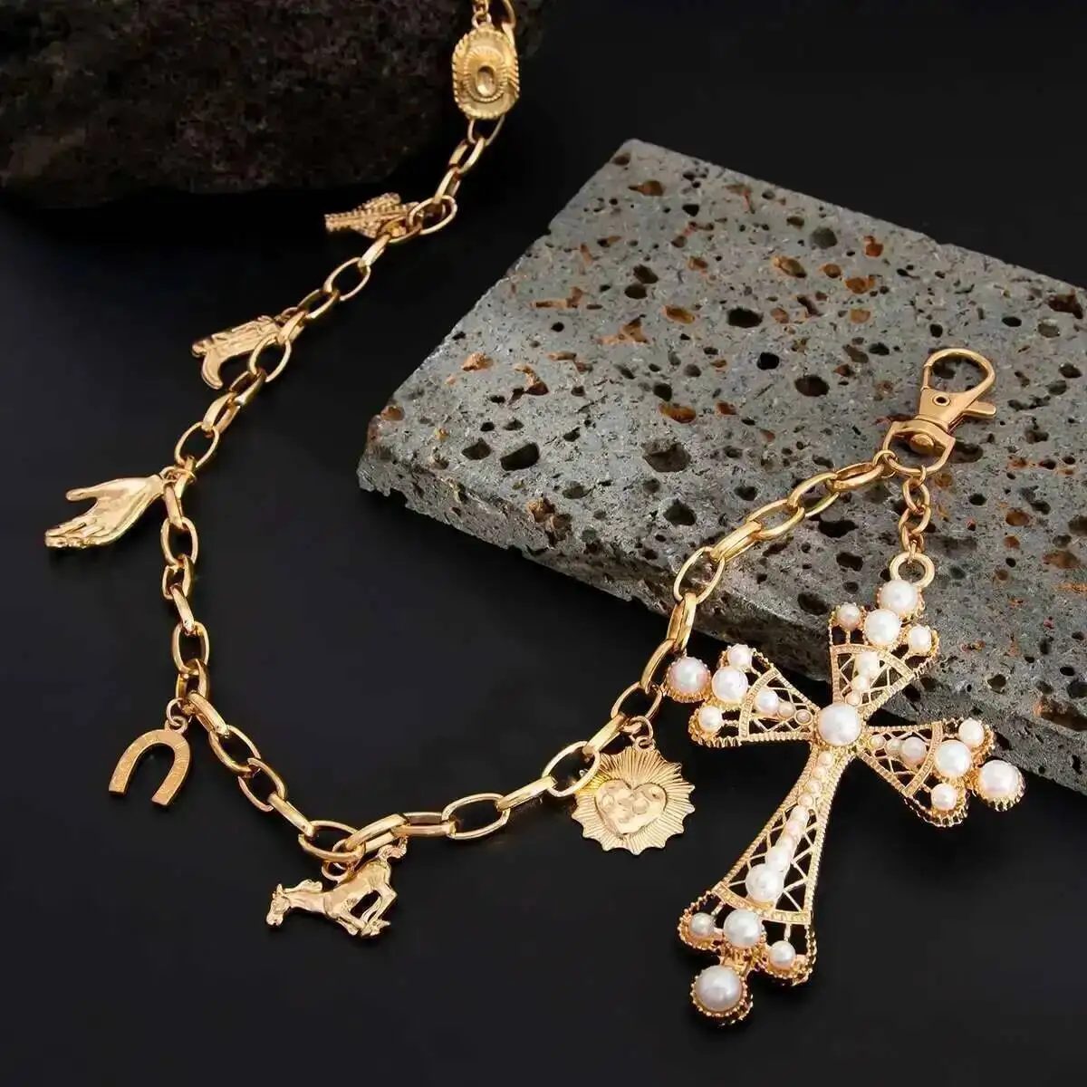 PuRui Creative Inlay Imitation Pearl Big Jesu Cross Pendant Jeans Pants Chain Hiphop Cowboy Hat Boot Pendant Waist Chain Jewelry