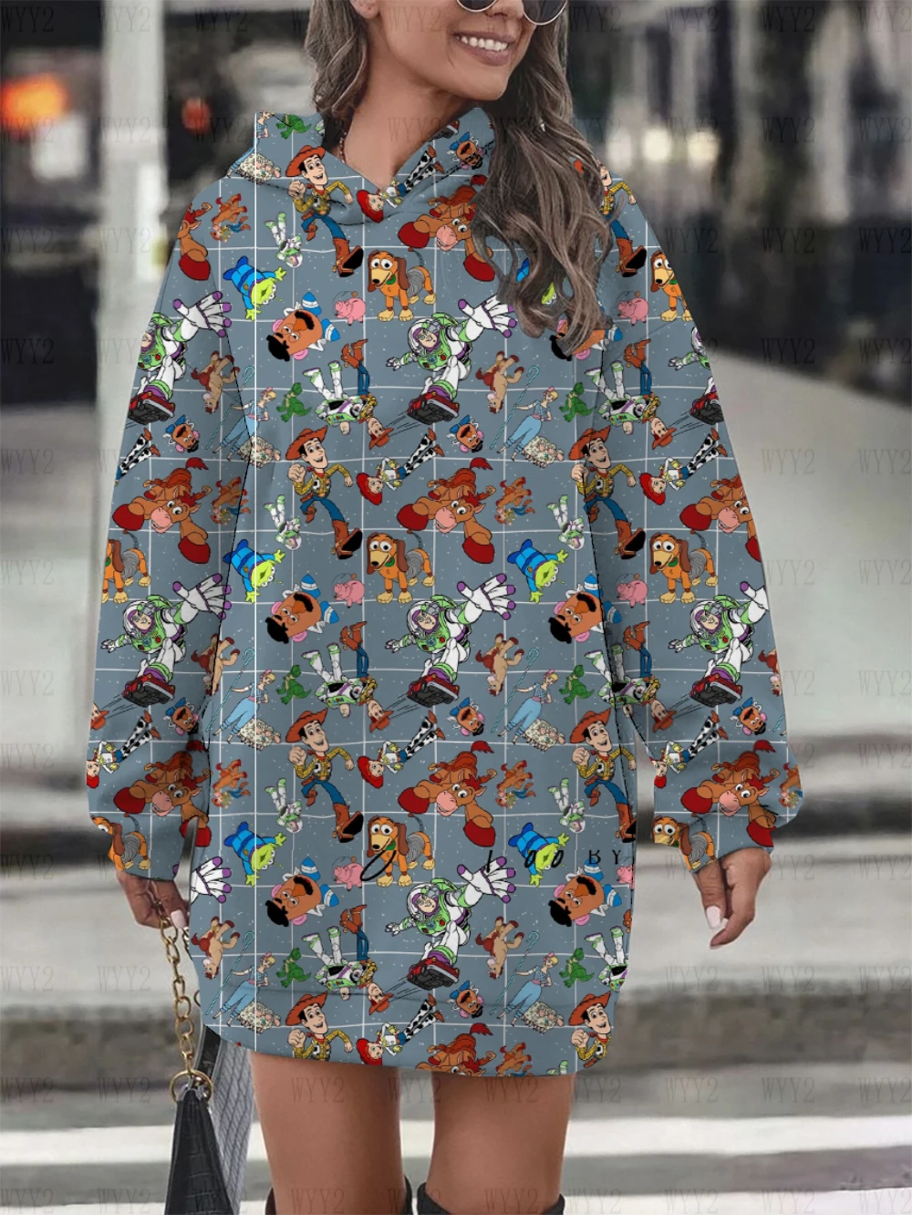 Disney-Muster Herbst und Winter Damen neues bedrucktes Kapuzenpulloverkleid locker lässig einfaches langärmeliges Kleid bequem