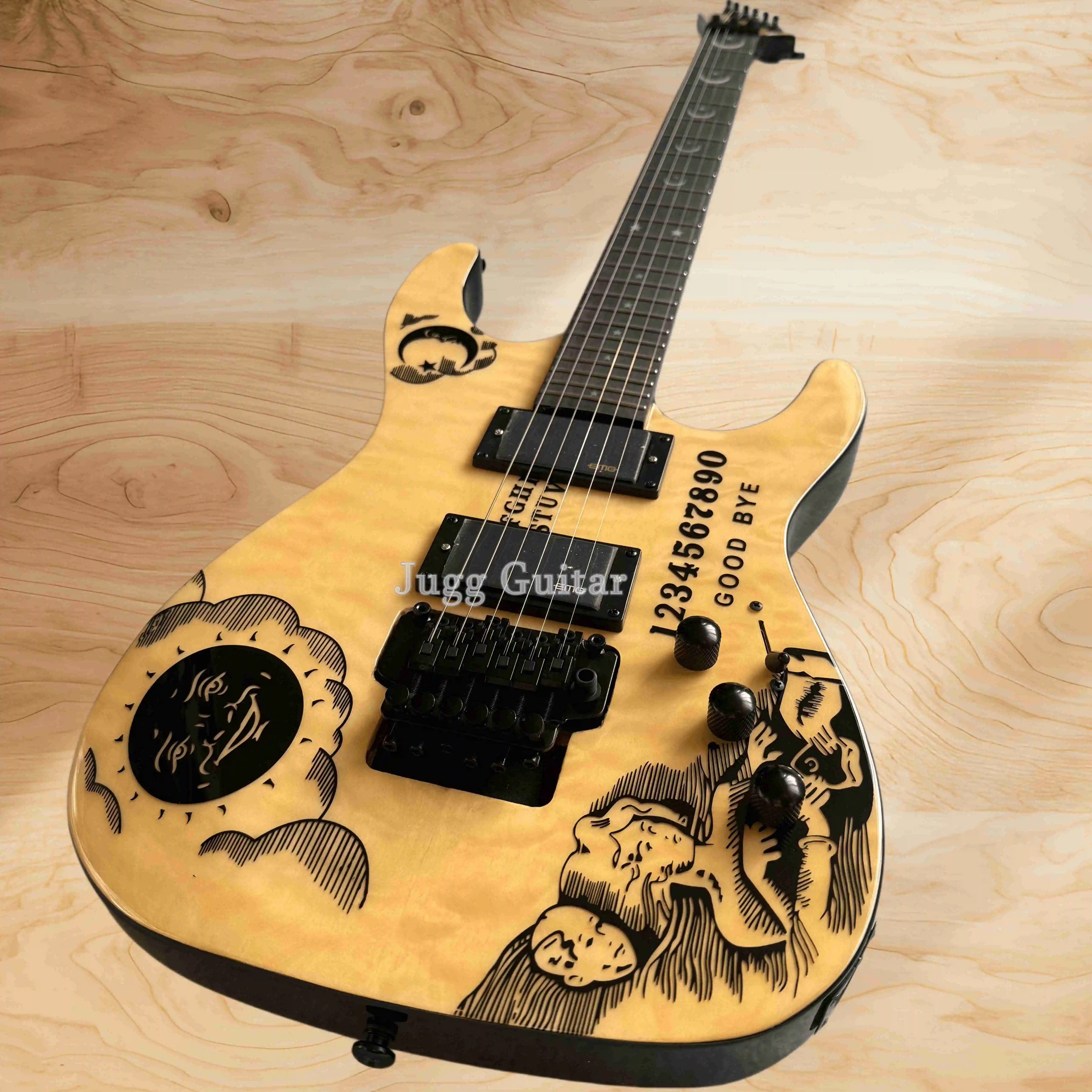 OuJia Hammett KH-Ouija 6 String Electric Guitar Natual Quilted Maple  Star Inlays Floyd Rose Tremolo Bridge Black Hardware