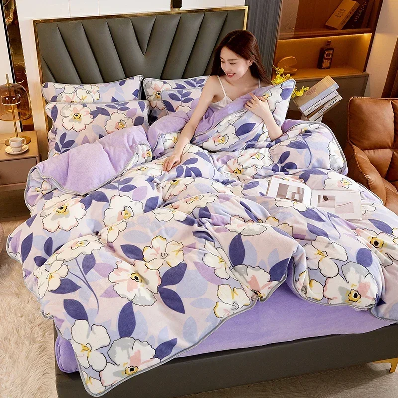 Print flowers Winter Flannel Quilt Cover Soft Warm Thick Milk Fleece Comforter Cover Thickening Warm Duvet Bedding Cover